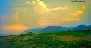 Scenic view of Sagar Nagar Beach in Visakhapatnam with golden sands and blue waters"